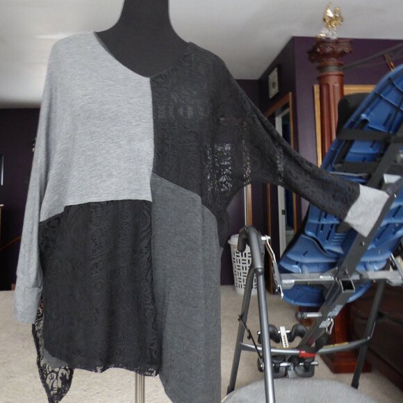 ARTISAN CRAFTED GOTH 80'S STYLE DOLMAN SLEEVE ASYMMETRICAL LACE TOP SHIRT XL - Picture 1 of 6